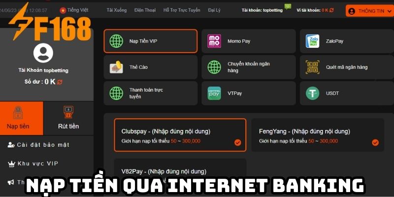 Nạp tiền qua Internet Banking 